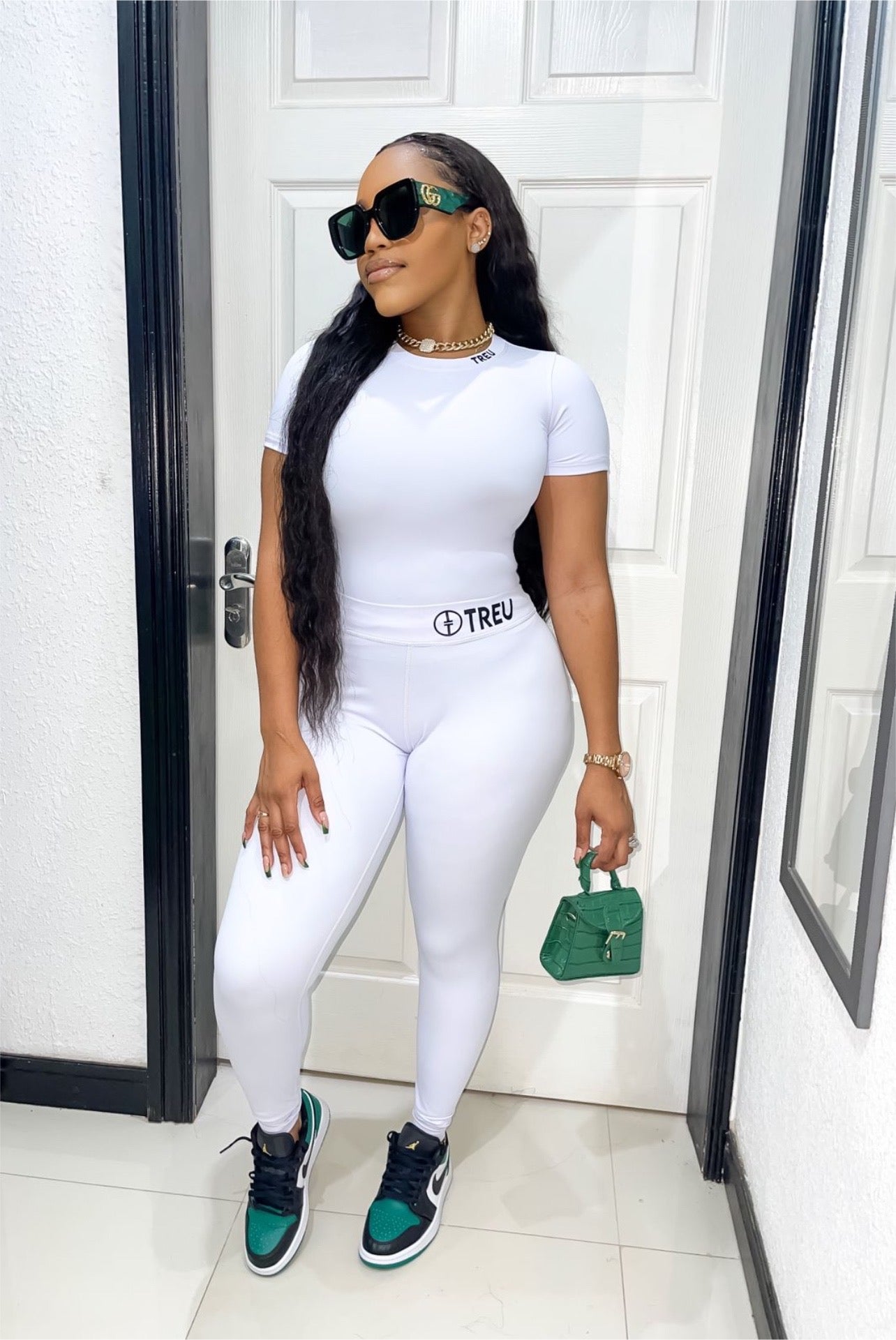 White Treu Leggings Crop Top Set